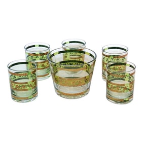 Vintage Green and Gold Rock Glasses With Ice Bucket 6 Pieces Barware Cocktail Set