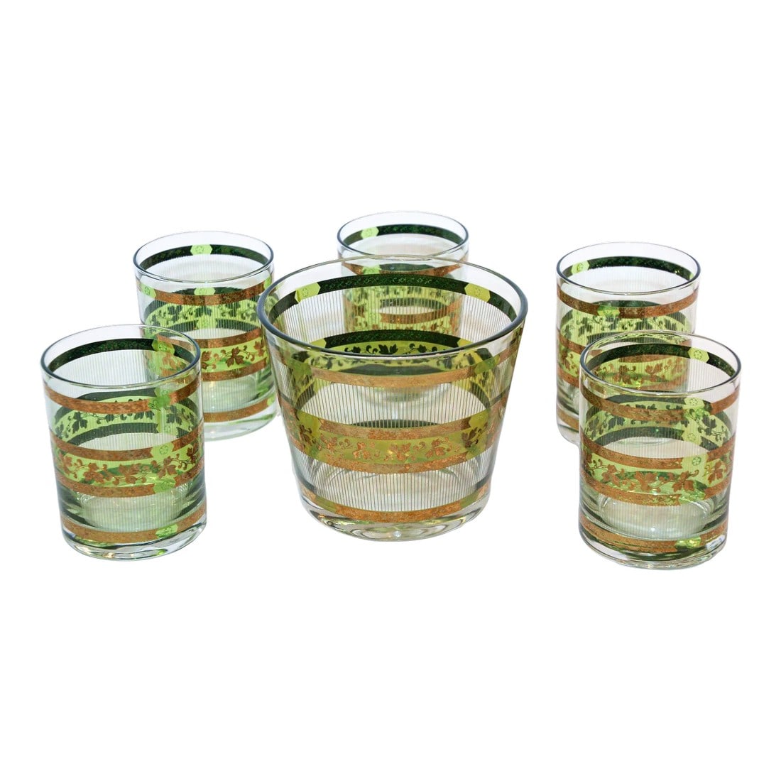 Vintage Green and Gold Rock Glasses With Ice Bucket 6 Pieces Barware Cocktail Set: Vintage Mid Century Modern Culver Stralyte style embossed, raised, textured design on bands alternating green and gold design with leaves and 22 karat Gold Stripes set of one ice bucket and five
