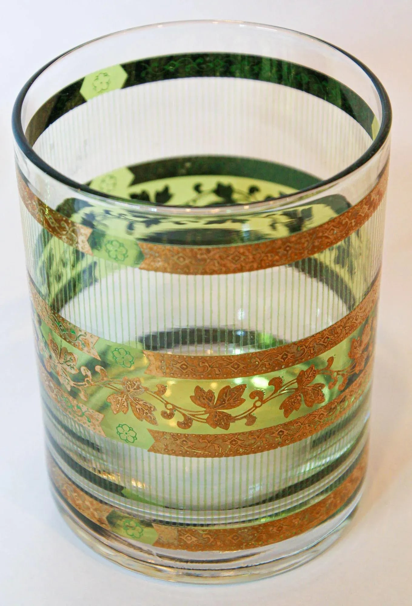 Vintage Green and Gold Rock Glasses With Ice Bucket 6 Pieces Barware Cocktail Set - 5