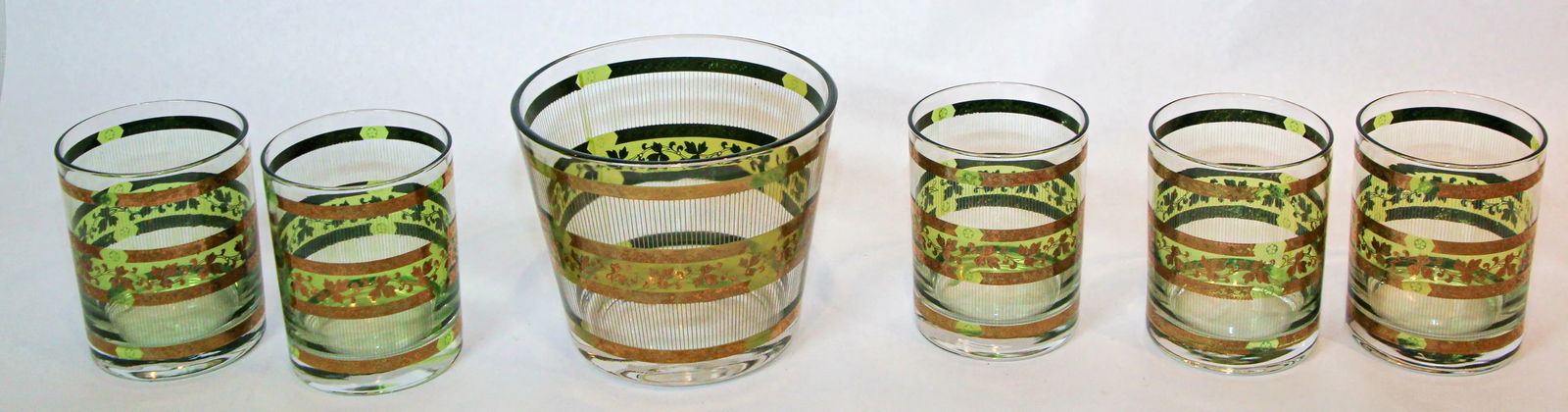 Vintage Green and Gold Rock Glasses With Ice Bucket 6 Pieces Barware Cocktail Set - 6