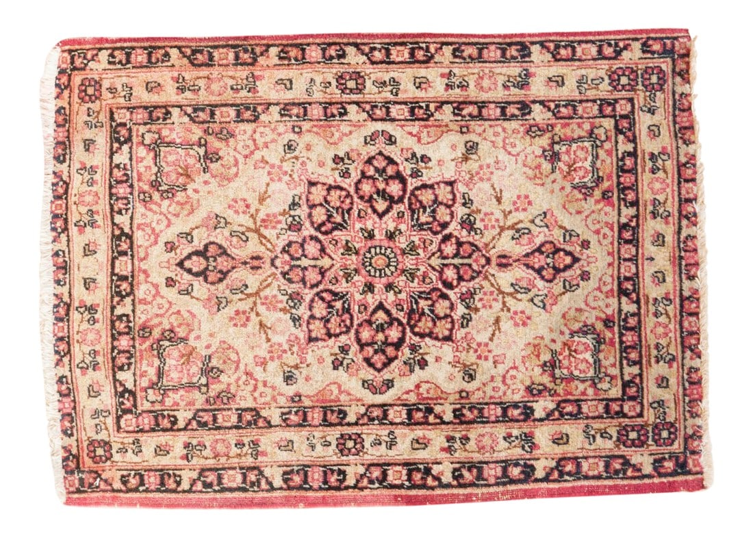 Antique Kerman Rug Mat - 2' x 2'9": :: Classic Persian Kerman starburst center medallion with scalloped contour and decorative end finials wrapped by delicate vinery, branches, and floral blossoms. Colors and shades include: Antique