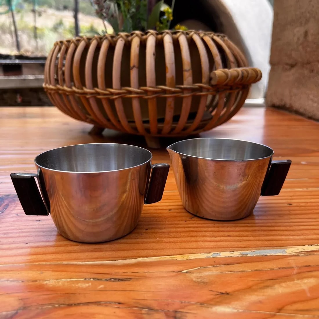 1970s by Mch Stainless Sugar & Creamer Set Exotic Wood Denmark - 2