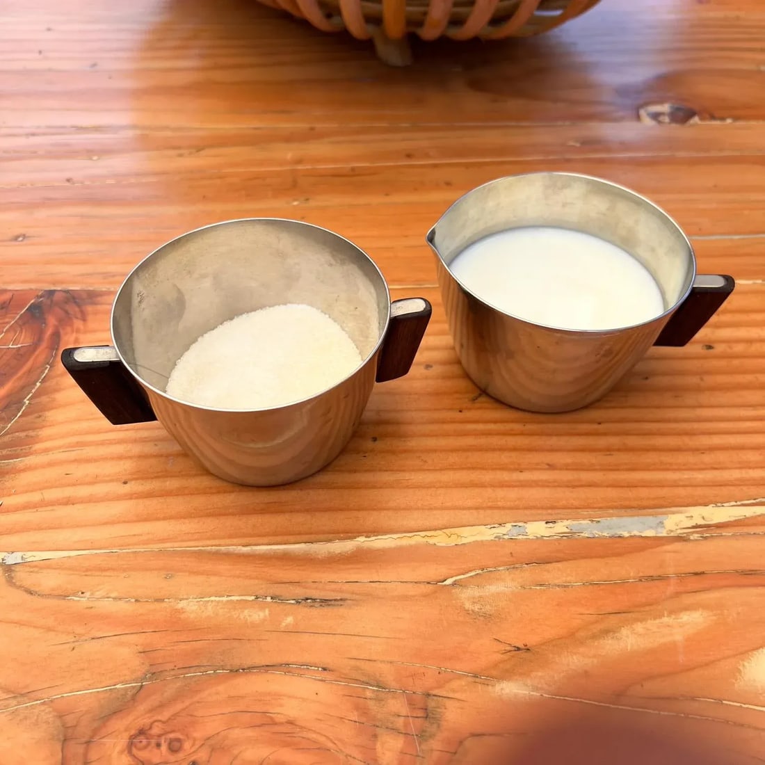 1970s by Mch Stainless Sugar & Creamer Set Exotic Wood Denmark - 3