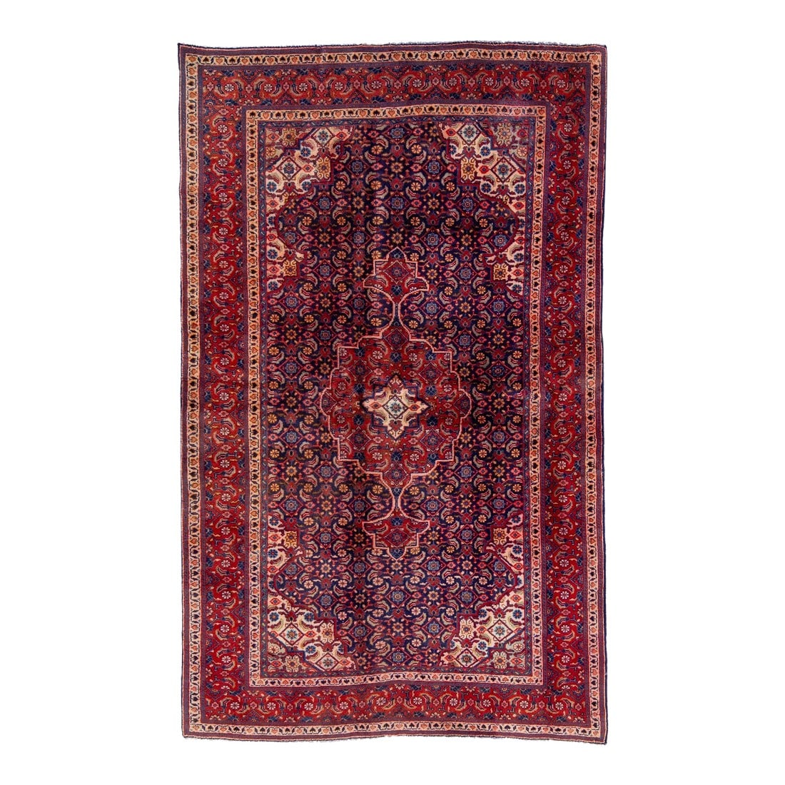 1960s Vintage Persian Bidjar Handmade Medallion Red Wool Rug: Beautiful vintage Persian Bidjar hand-knotted wool rug with a red color field. This piece has a red frame and multicolor accents in an all-over medallion design. This rug measures: 4'2" x 6'10" Condit