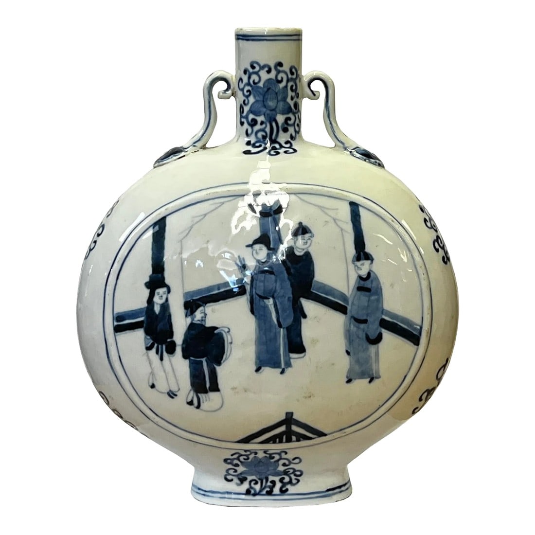 Chinese Blue White Porcelain Oval Flat Body People Theme Vase: This is a Chinese decorative porcelain vase in a Blue and White color finish. The theme is an oriental people scenery graphic. Dimensions: 9.25" x 4.25" x h11" Origin: China Material: Porcelain Condit