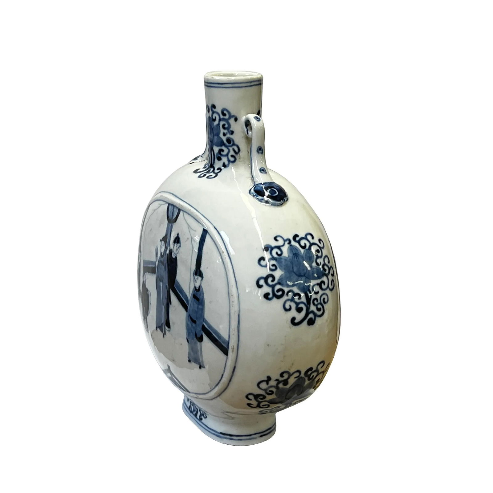 Chinese Blue White Porcelain Oval Flat Body People Theme Vase - 3
