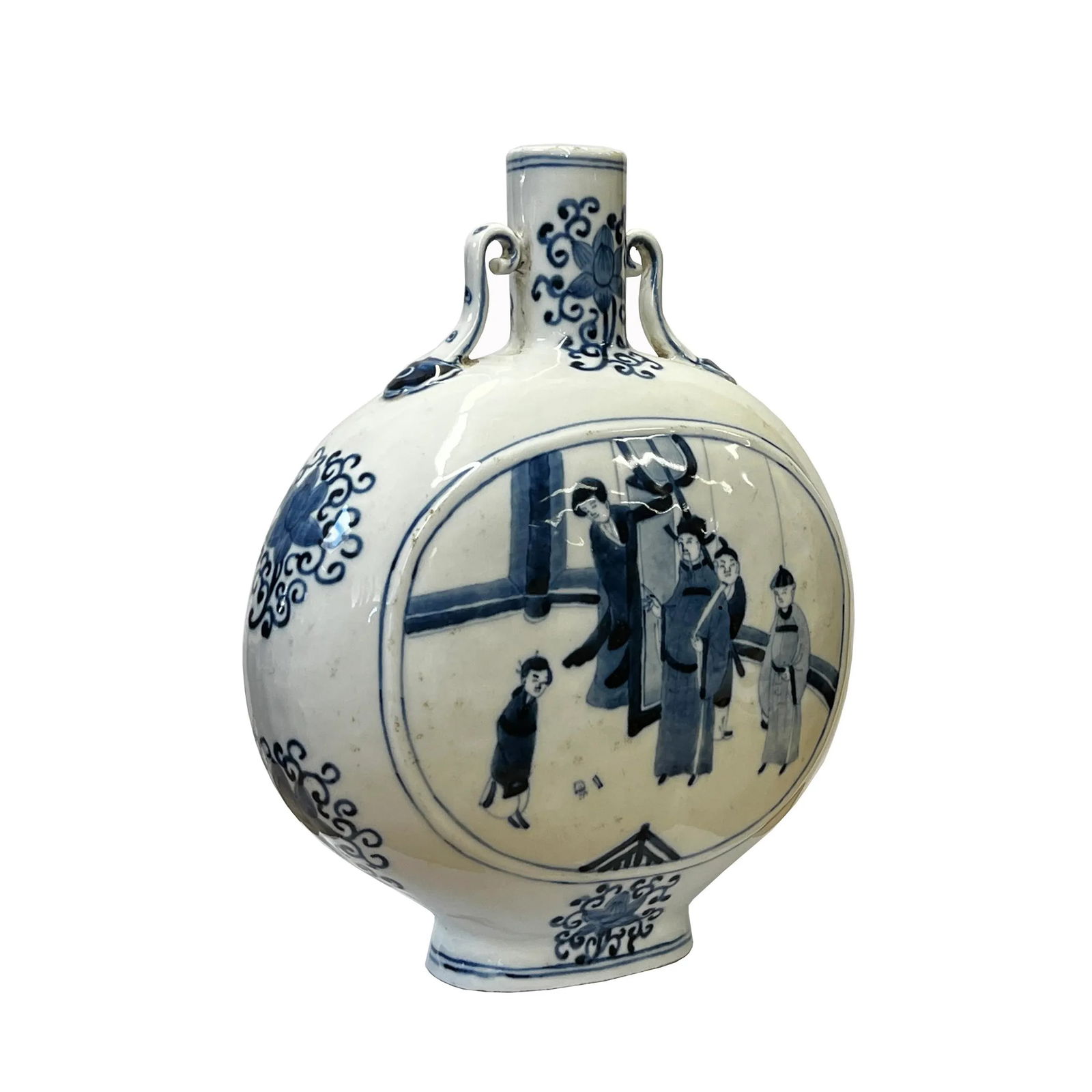 Chinese Blue White Porcelain Oval Flat Body People Theme Vase - 4