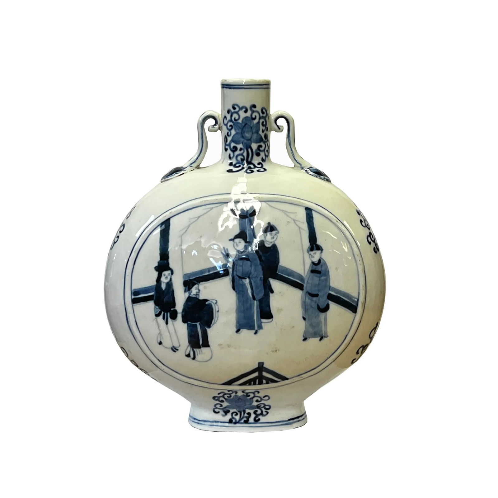 Chinese Blue White Porcelain Oval Flat Body People Theme Vase - 6