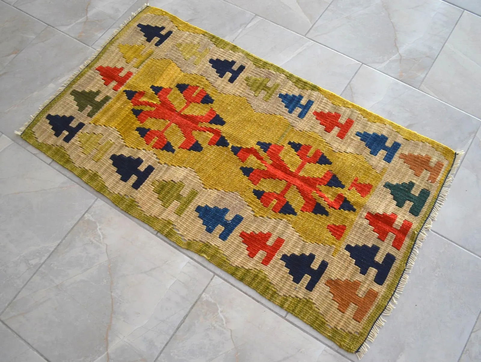1990s Turkish Rug Hand-Woven Mini Kilim Rug - 2' X 3'8" - 2