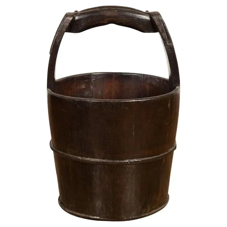 1900s Qing Southern Chinese Wooden Bucket with Large Handle & Metal Accents - 13