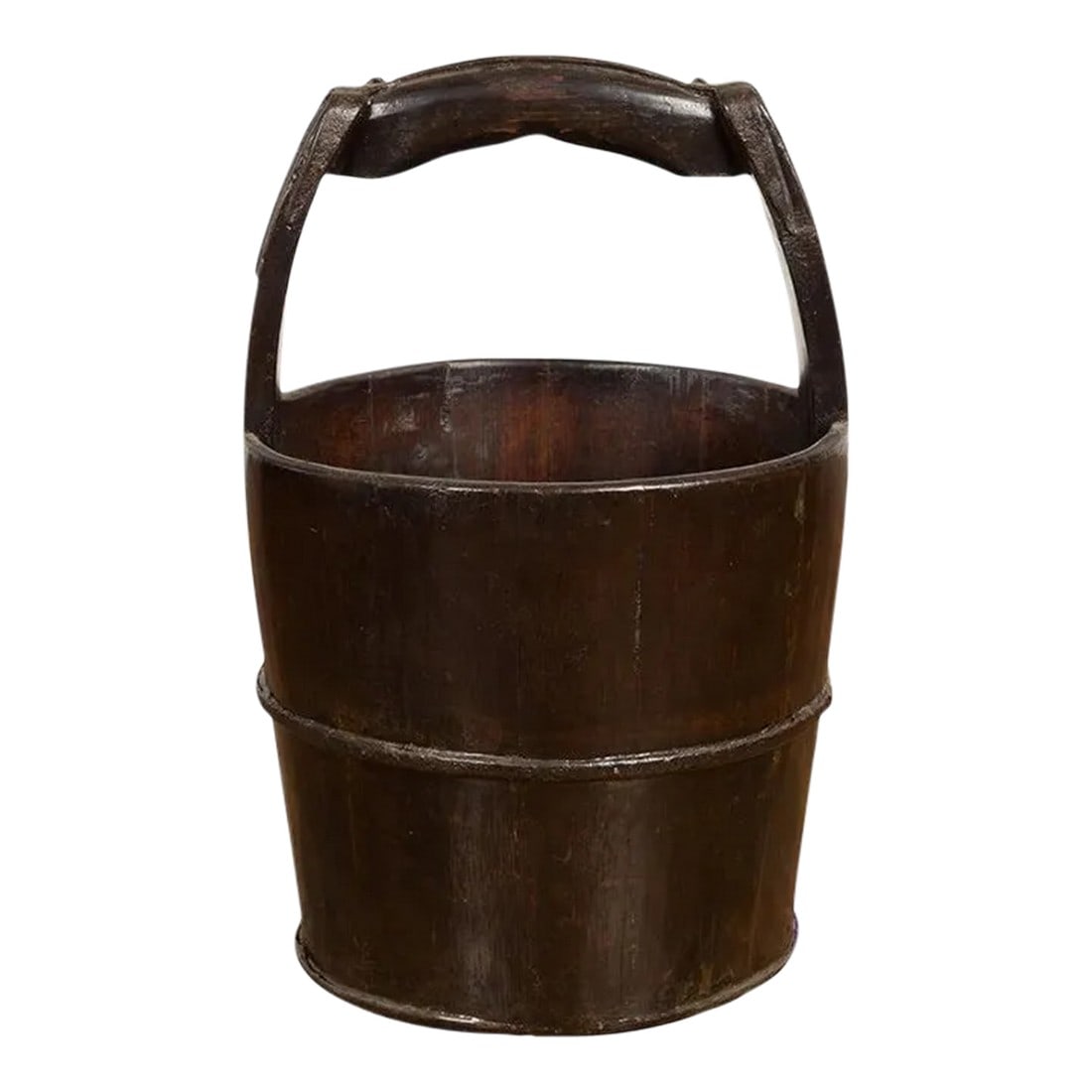 1900s Qing Southern Chinese Wooden Bucket with Large Handle & Metal Accents (1 of 13)
