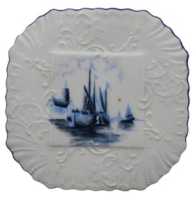 Vintage Hand Painted Blue & White Delft Style Nautical Maritime Faience Plate