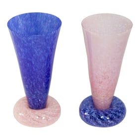 Guy Corrie Union Glass Donut Base Art Glass Vases Cobalt Blue Pink 1980's Set