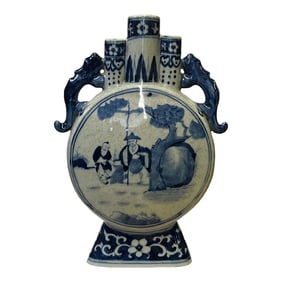 Chinese Blue White Porcelain Moon Round Flat People Theme Vase