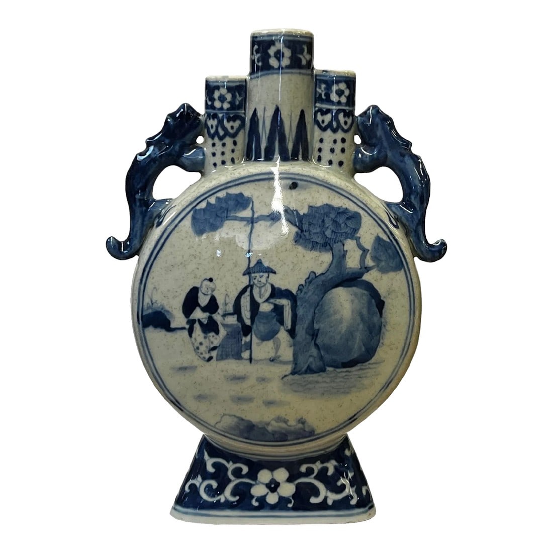 Chinese Blue White Porcelain Moon Round Flat People Theme Vase: This is a Chinese decorative porcelain vase in a Blue and White color finish. The theme is an oriental people scenery graphic. Dimensions: 8" x 2"x h10.5" Origin: China Material: Porcelain Condition: