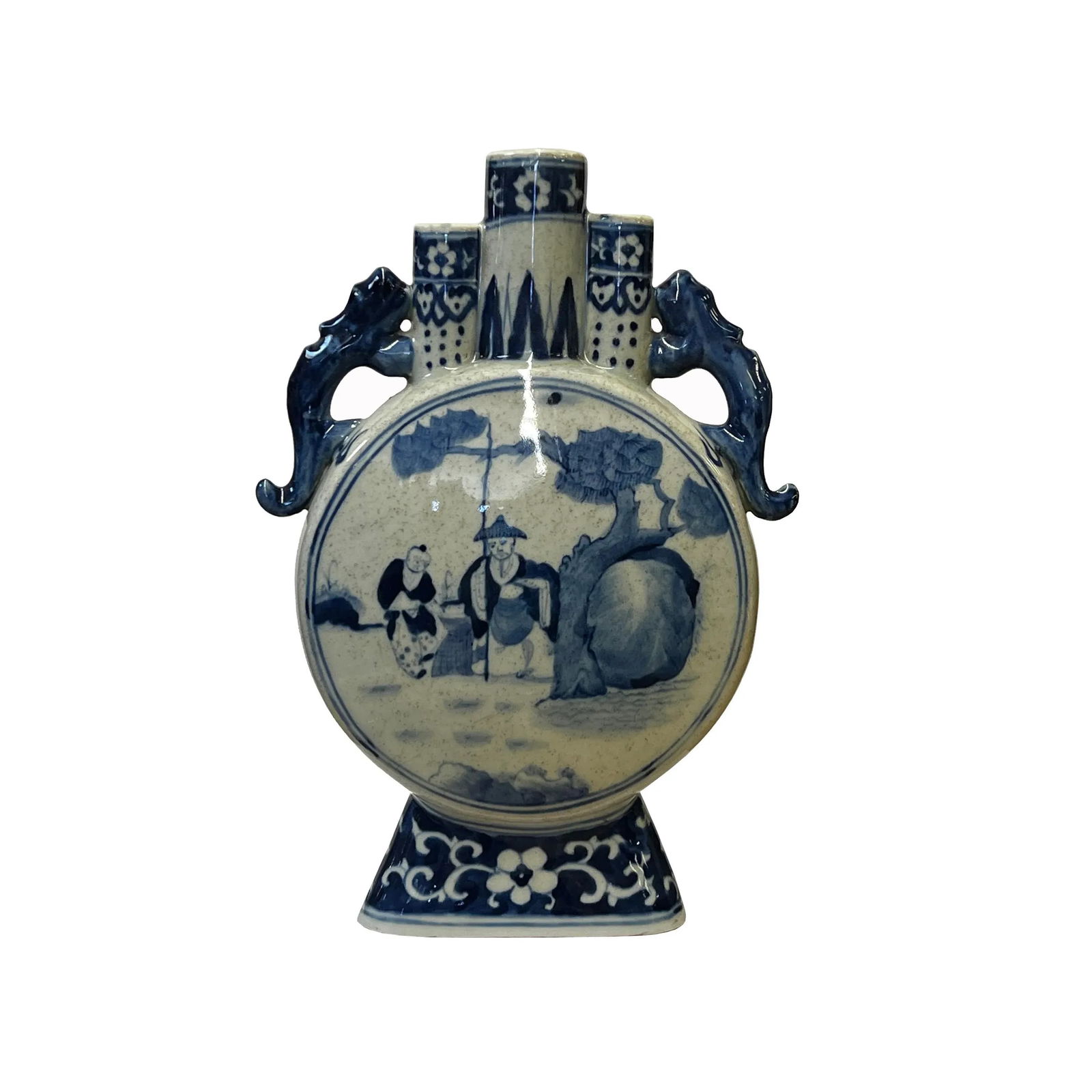 Chinese Blue White Porcelain Moon Round Flat People Theme Vase - 6