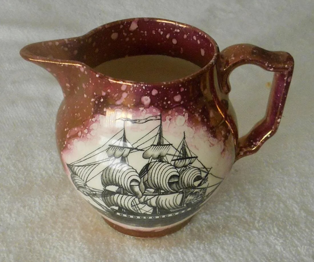 Vintage Grays Pottery Sailing Ship Maroon Lusterware Staffordshire Pitcher 1942-1958 - 2