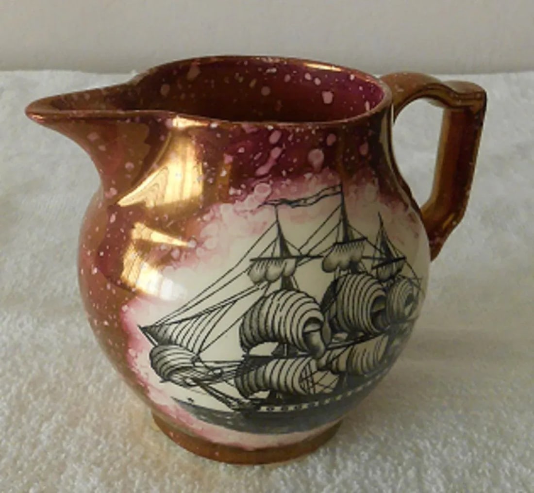 Vintage Grays Pottery Sailing Ship Maroon Lusterware Staffordshire Pitcher 1942-1958 - 4