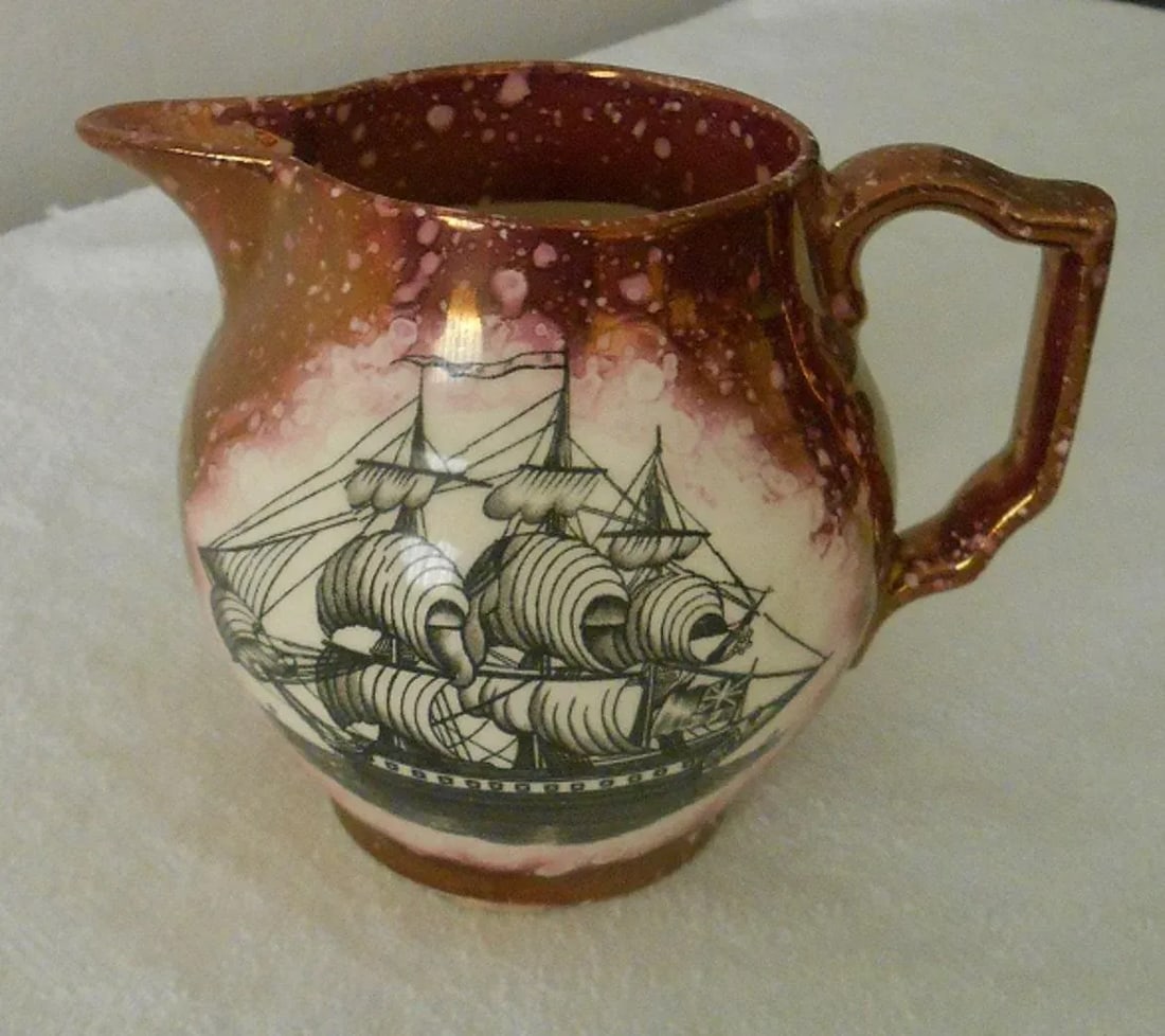 Vintage Grays Pottery Sailing Ship Maroon Lusterware Staffordshire Pitcher 1942-1958 - 7