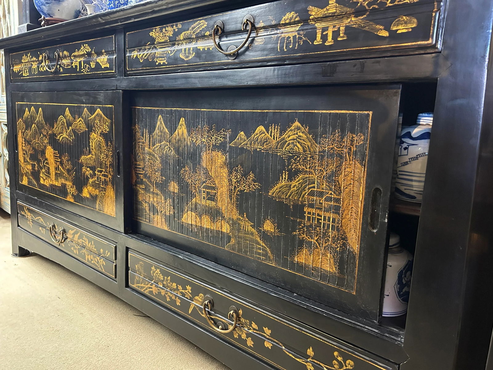Chinese Fujian Golden Graphic Sideboard High Credenza Console Table TV Cabinet - 11