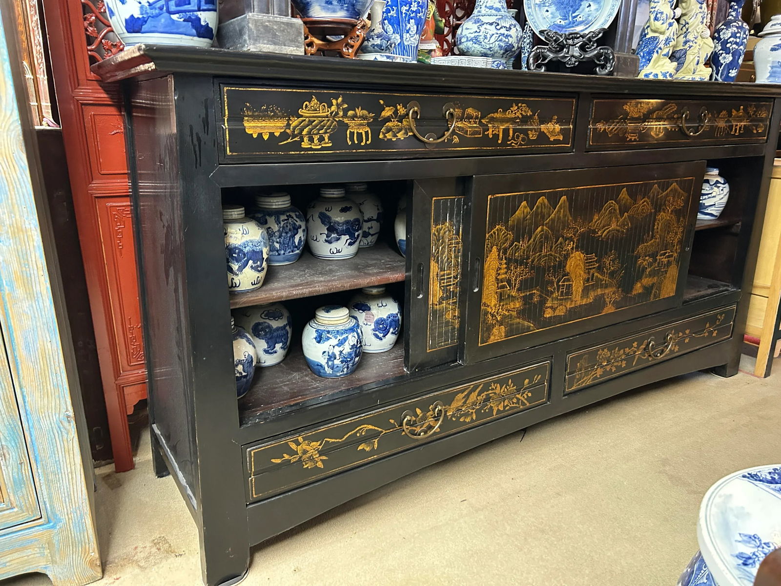 Chinese Fujian Golden Graphic Sideboard High Credenza Console Table TV Cabinet - 12