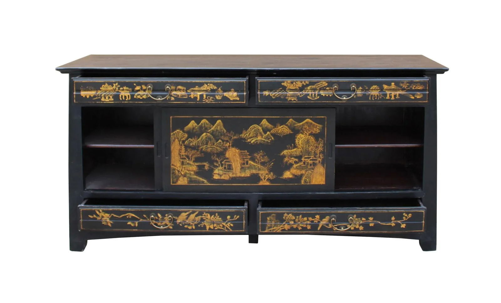 Chinese Fujian Golden Graphic Sideboard High Credenza Console Table TV Cabinet - 9