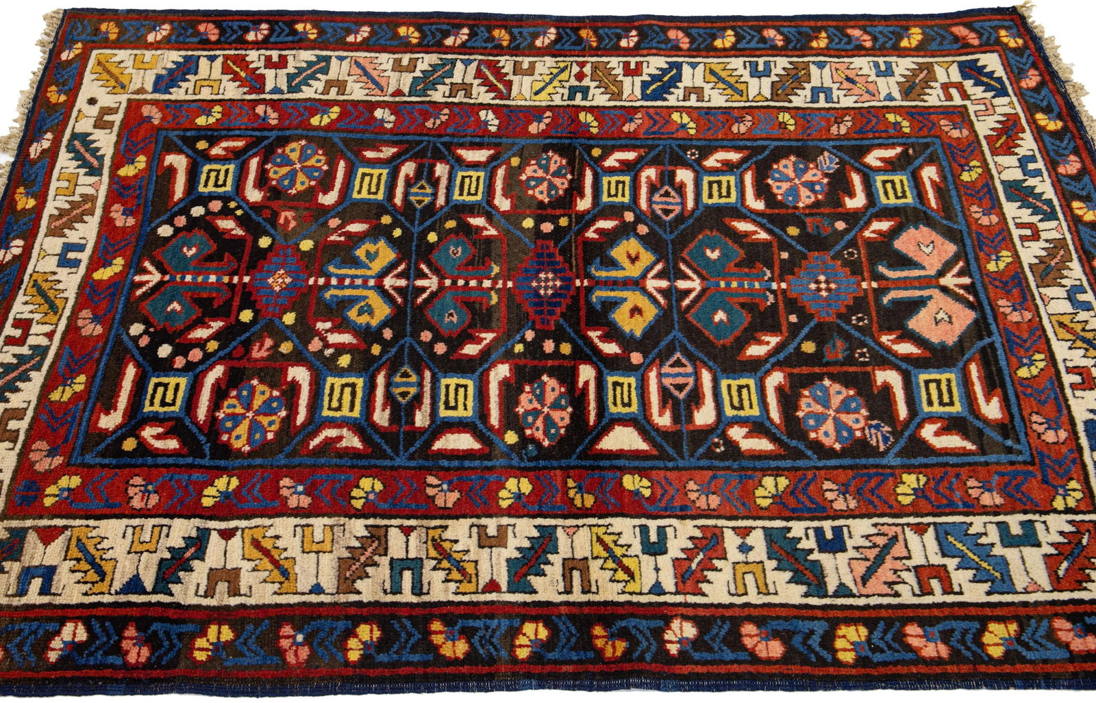 1900s Caucasian Kazak Handmade Scatter Wool Rug in Brown - 5