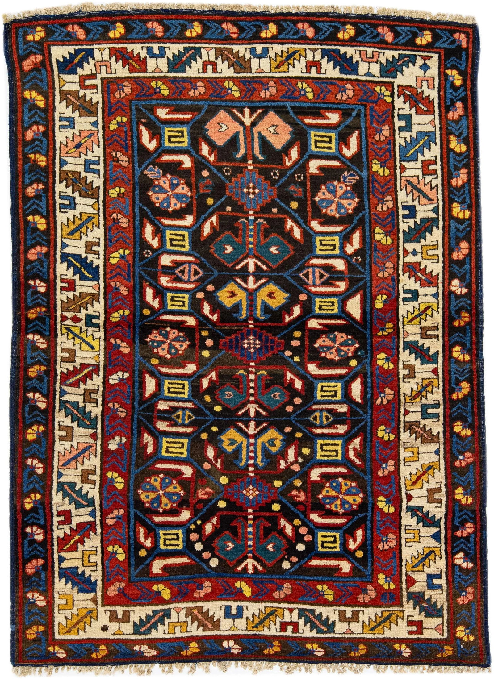 1900s Caucasian Kazak Handmade Scatter Wool Rug in Brown - 7