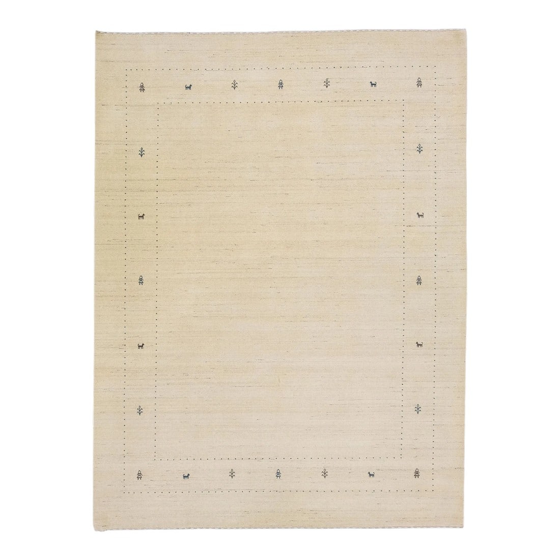 2020s Minimalist Modern Gabbeh Style Wool Rug Handmade in Beige: The contemporary appeal of this woolen rug, in the style of Gabbeh, lies in its minimalistic beige pattern and gray color field. The hand-woven piece is sure to catch the eye with its modern design. 