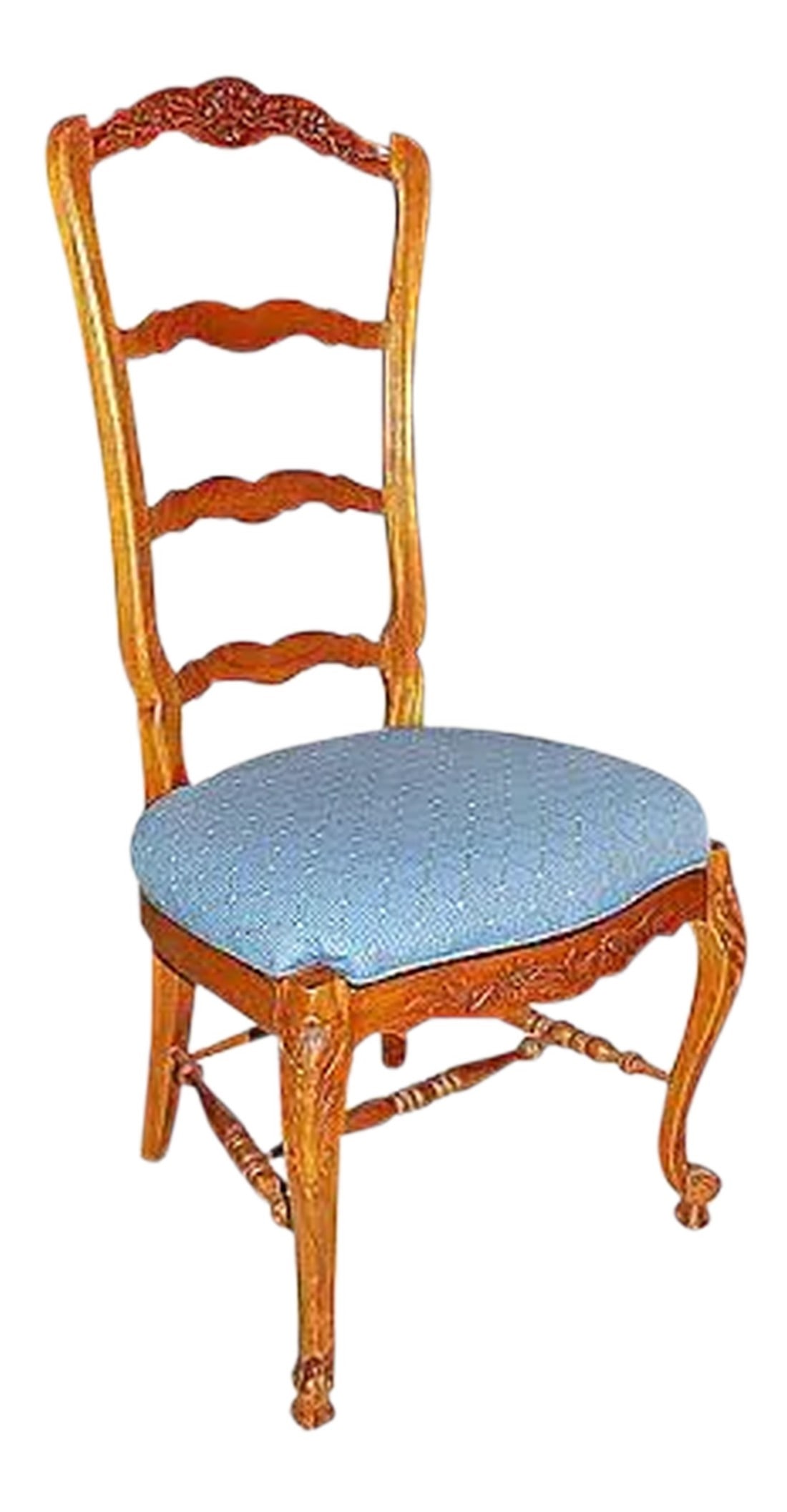 Country French Ladderback Chair: Modern take on a classic hand-carved high-back French country ladderback side chair with upholstered seats. Minimal wear. Condition: Condition Notes: Excellent - Minor wear consistent with age and