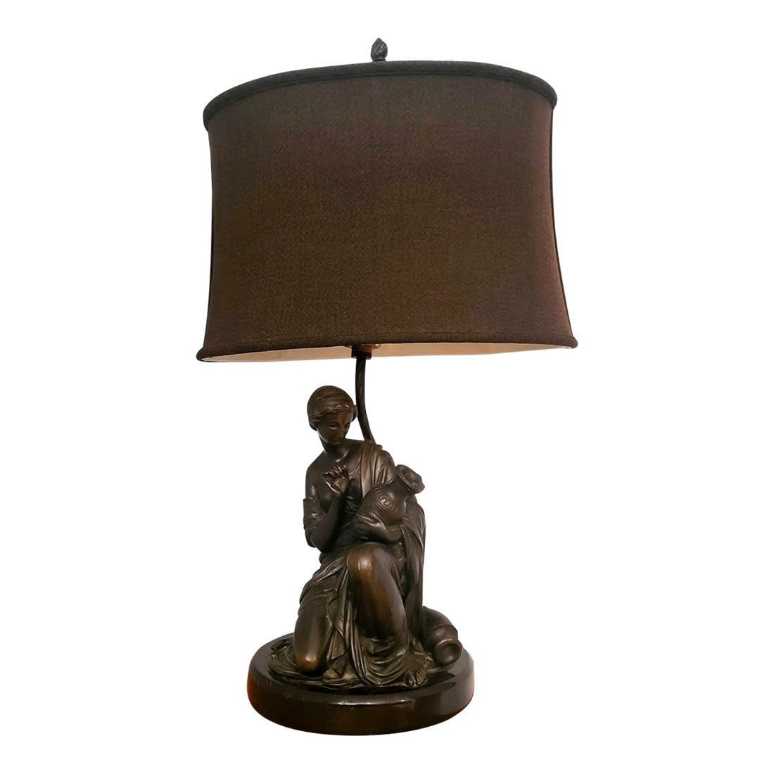 1970s Bronze Sculpture of Female Kneeling With Urn Table Lamp With Linen Shade: Beautiful Bronze Sculpture of a Female figurine - looks Greek or Roman to me, kneeling with an urn also reminds me of biblical times. It has a very regal quality to it. The lamp is very very