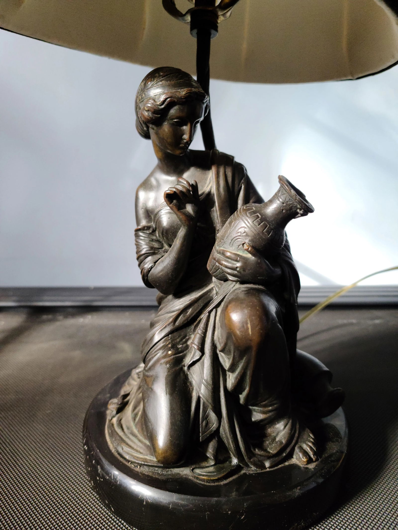 1970s Bronze Sculpture of Female Kneeling With Urn Table Lamp With Linen Shade - 2
