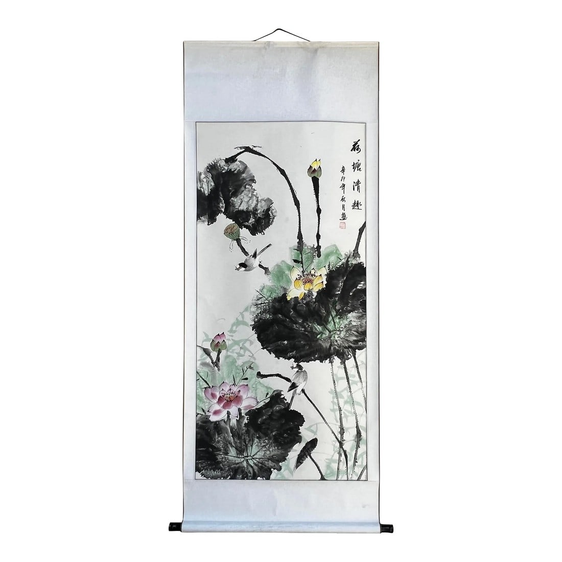 Chinese Color Ink Water Lotus Flowers Leaves Scroll Painting Wall Art: This is an oriental scroll painting with the color Ink lotus flower leaves pond calligraphy scenery. Dimensions: w28" x h69" Origin: China Material: Paper Condition: Folded Marks,