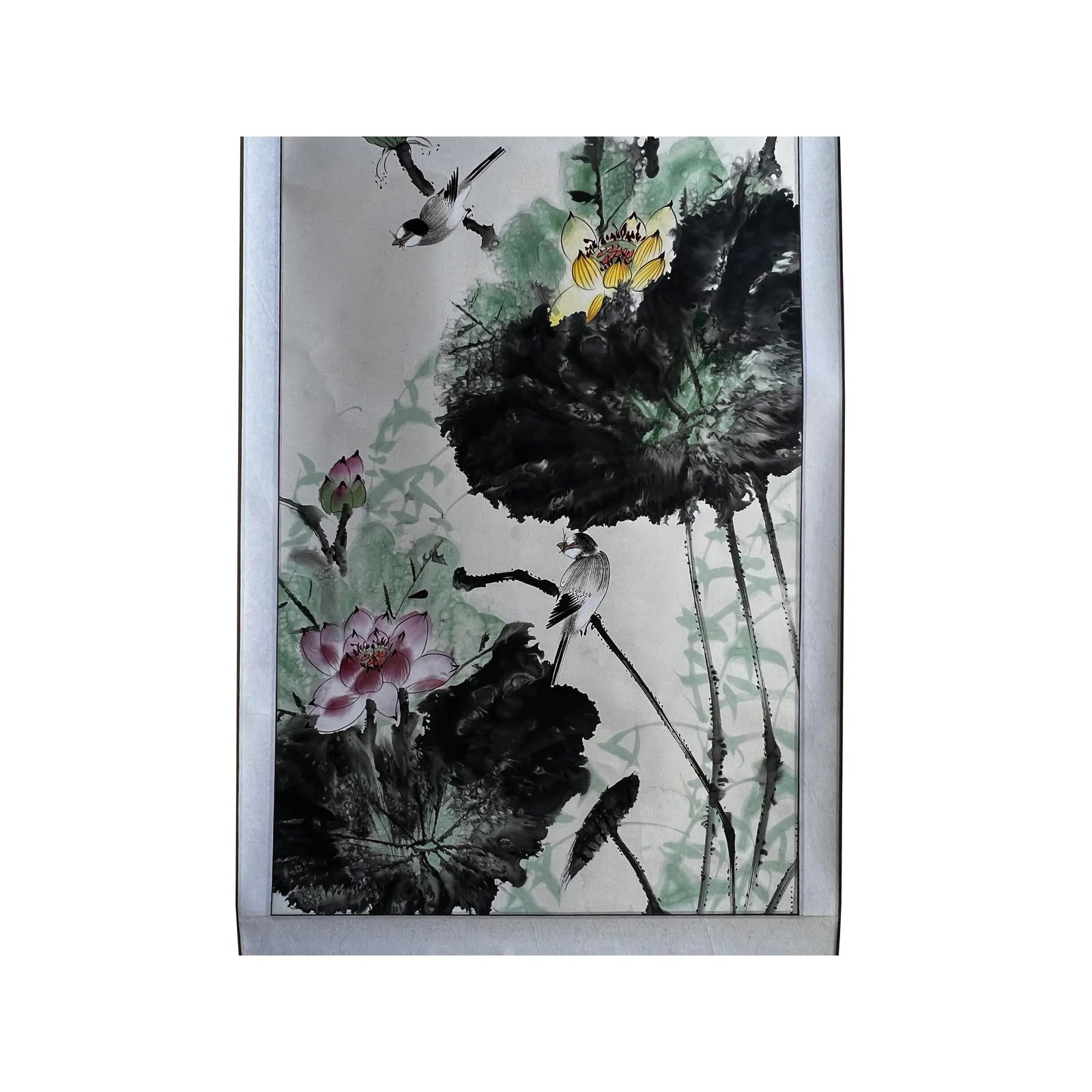 Chinese Color Ink Water Lotus Flowers Leaves Scroll Painting Wall Art - 2