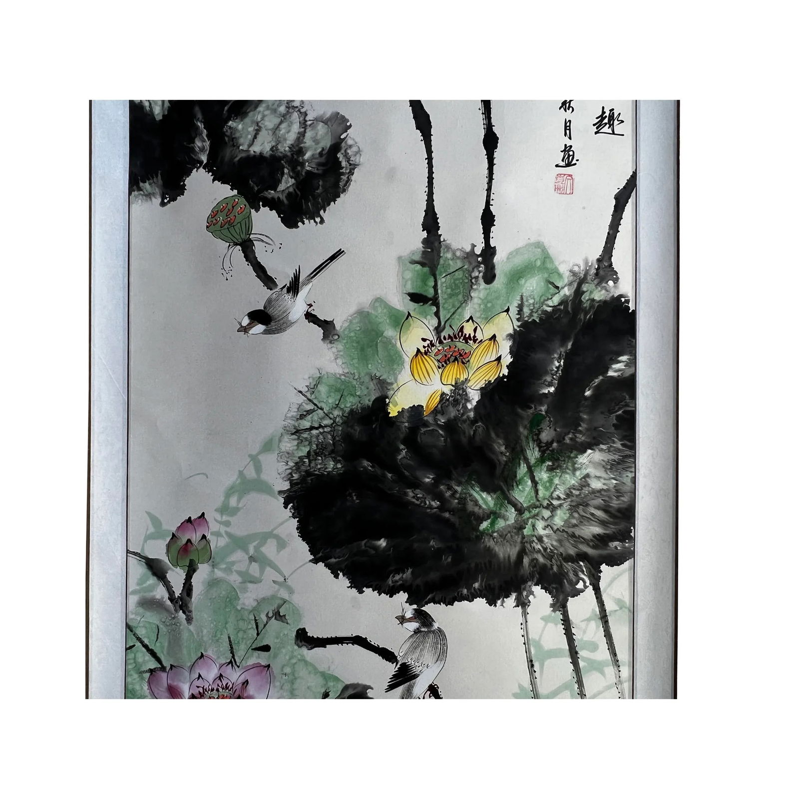 Chinese Color Ink Water Lotus Flowers Leaves Scroll Painting Wall Art - 4