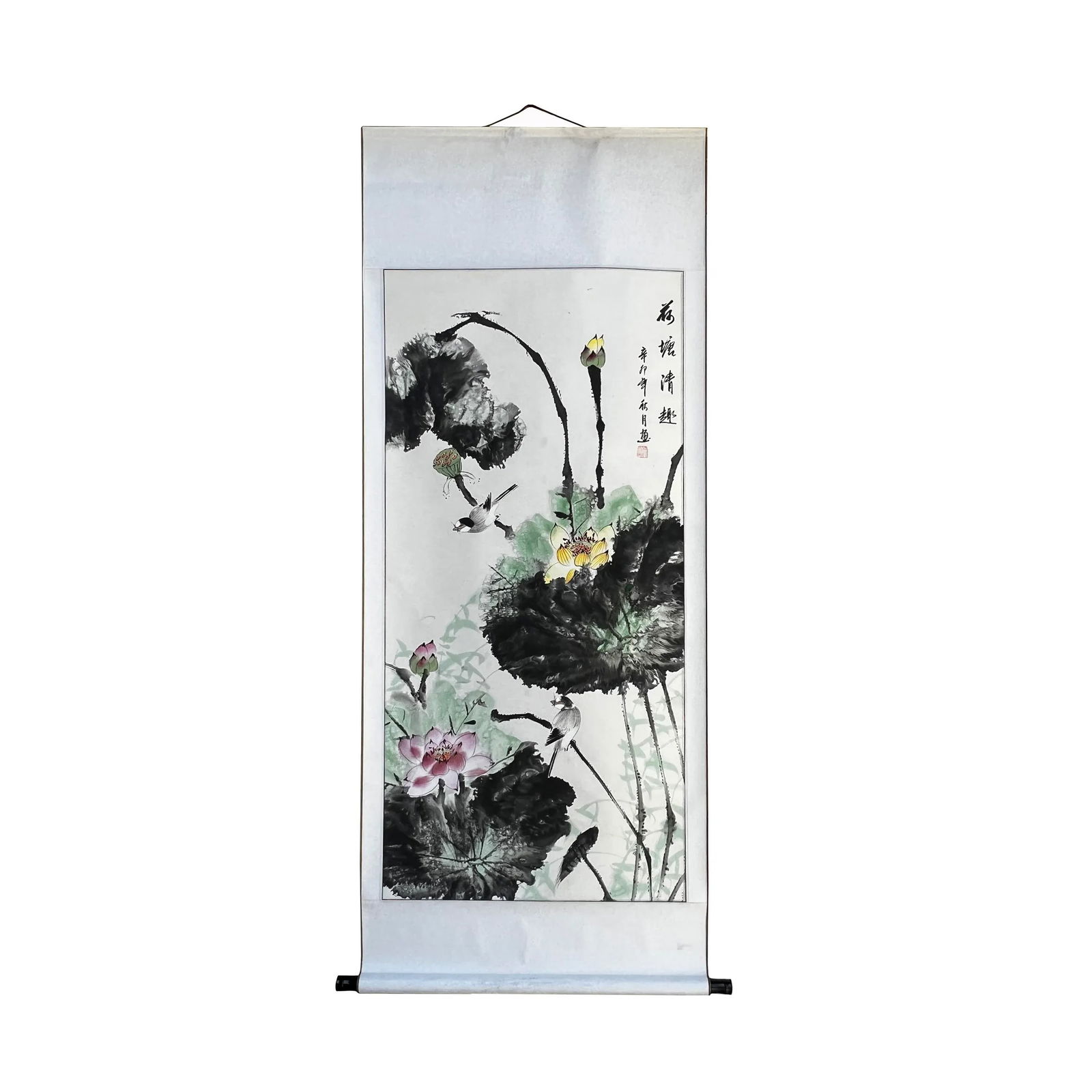 Chinese Color Ink Water Lotus Flowers Leaves Scroll Painting Wall Art - 5