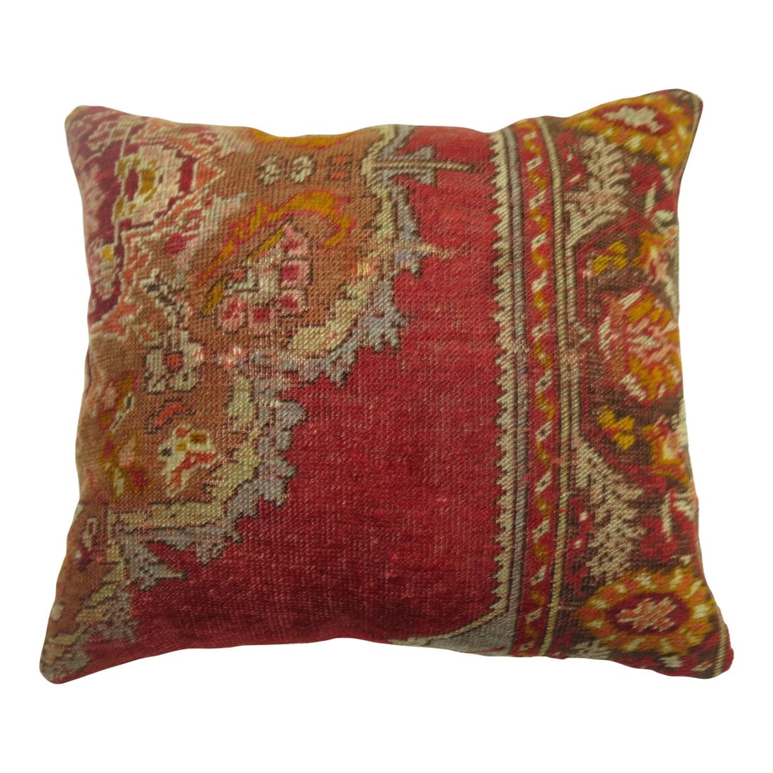 Red Pillow Made from Antique Turkish Antique Rug: One of a kind Pillow made from a vintage turkish rug with cotton back. Zipper closure and foam insert provided. 17'' x 18'' Because of the nature of antique & vintage pieces, irregularities are