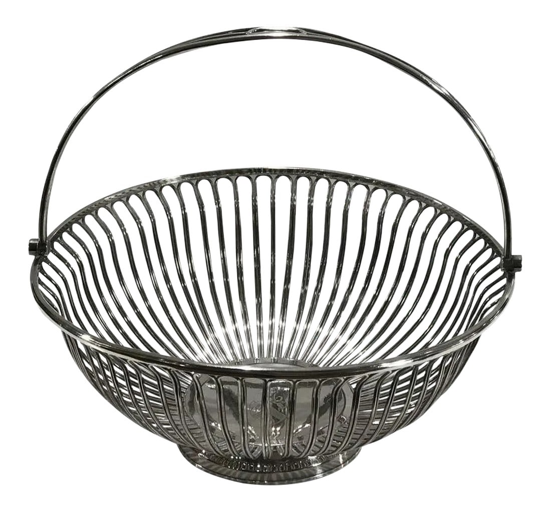 Mid 20th Century Antique Sheffield Plated Wire Work Basket: Antique Sheffield Plated Wire Work Basket Embrace the charm of history with our stunning Antique Sheffield plated wire work basket. Handcrafted with meticulous detail, this illustrious artefact