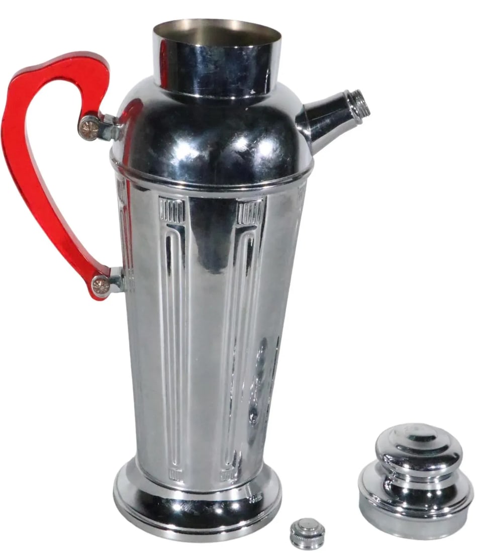 Art Deco Chrome Cocktail Shaker With Translucent Red Plastic Handle C 1930's - 2