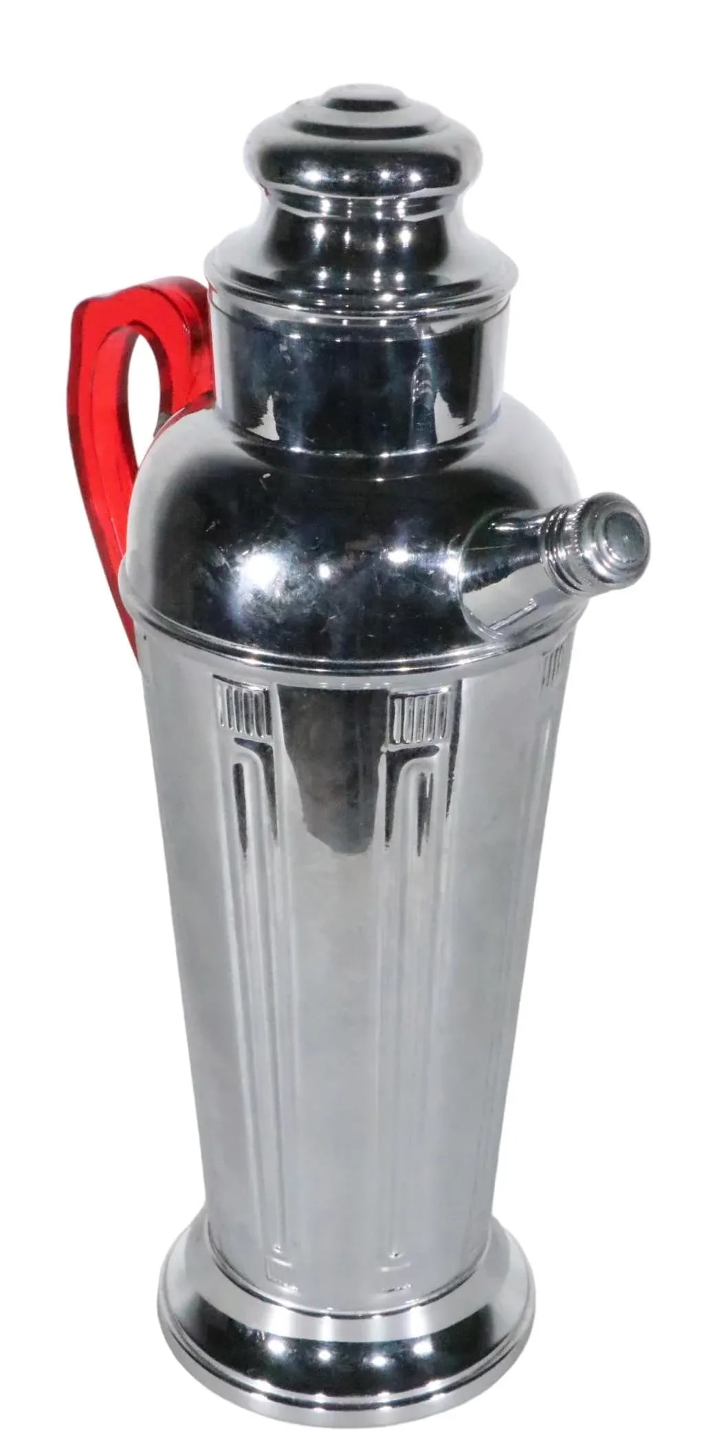 Art Deco Chrome Cocktail Shaker With Translucent Red Plastic Handle C 1930's - 4