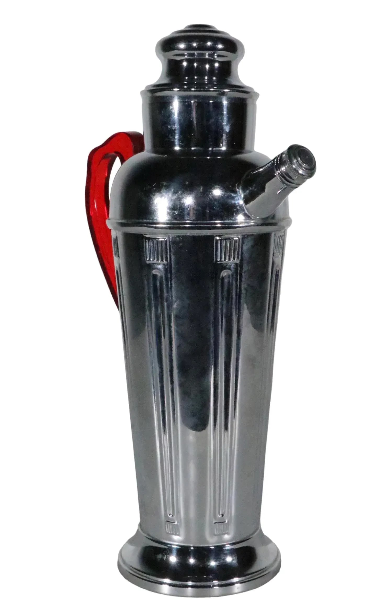 Art Deco Chrome Cocktail Shaker With Translucent Red Plastic Handle C 1930's - 5
