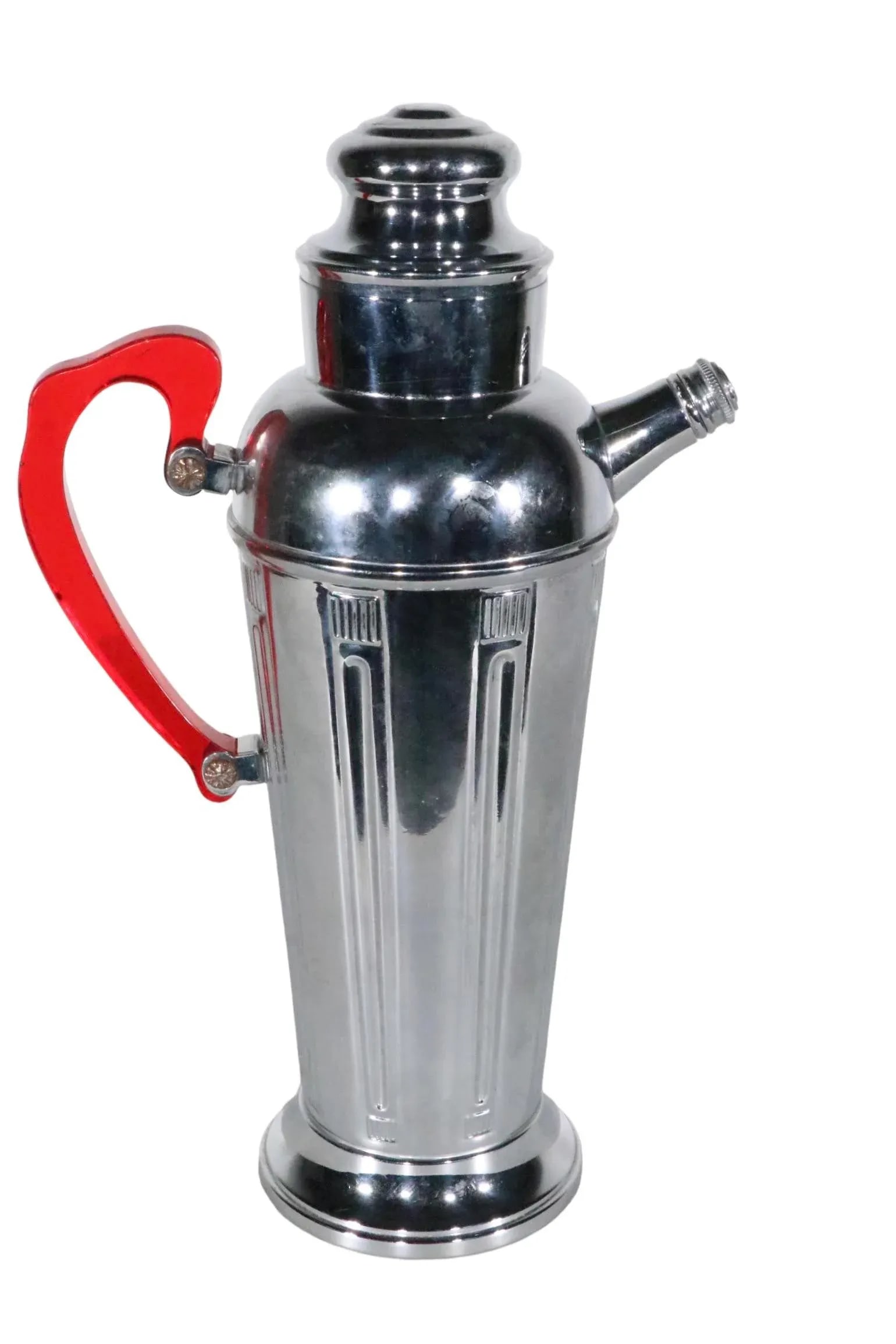 Art Deco Chrome Cocktail Shaker With Translucent Red Plastic Handle C 1930's - 6
