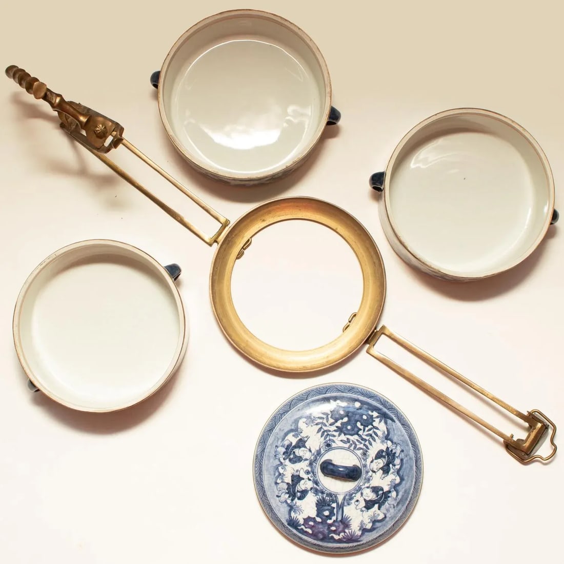 Late 20th Century Ming Style Chinese Porcelain Blue & White Bowls With Brass Holder, Reproduction - 10