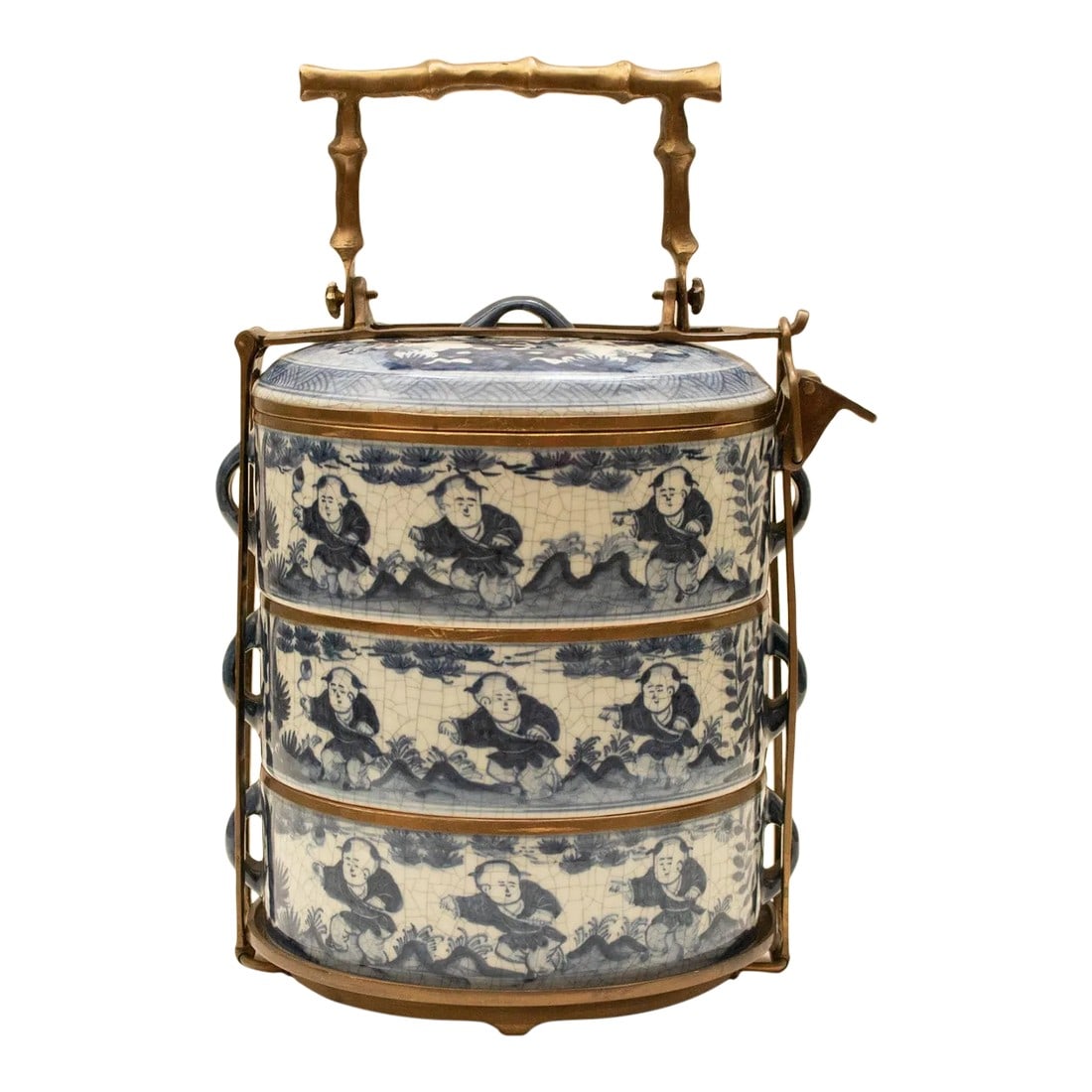 Late 20th Century Ming Style Chinese Porcelain Blue & White Bowls With Brass Holder, Reproduction (1 of 12)