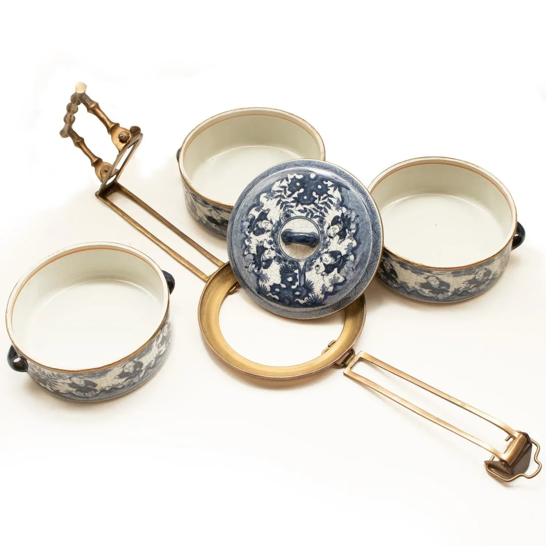 Late 20th Century Ming Style Chinese Porcelain Blue & White Bowls With Brass Holder, Reproduction - 8