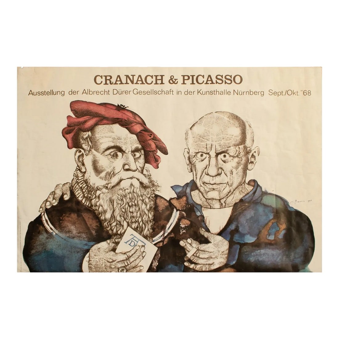 1968 "Cranach & Picasso" by Michael Mathias Prechtl, Original Poster: Original large vintage 1968 art exhibition poster featuring a great illustration by the German artist and cartoonist Michael Mathias Prechtl (1926-2003) for the Cranach and Picasso exhibition