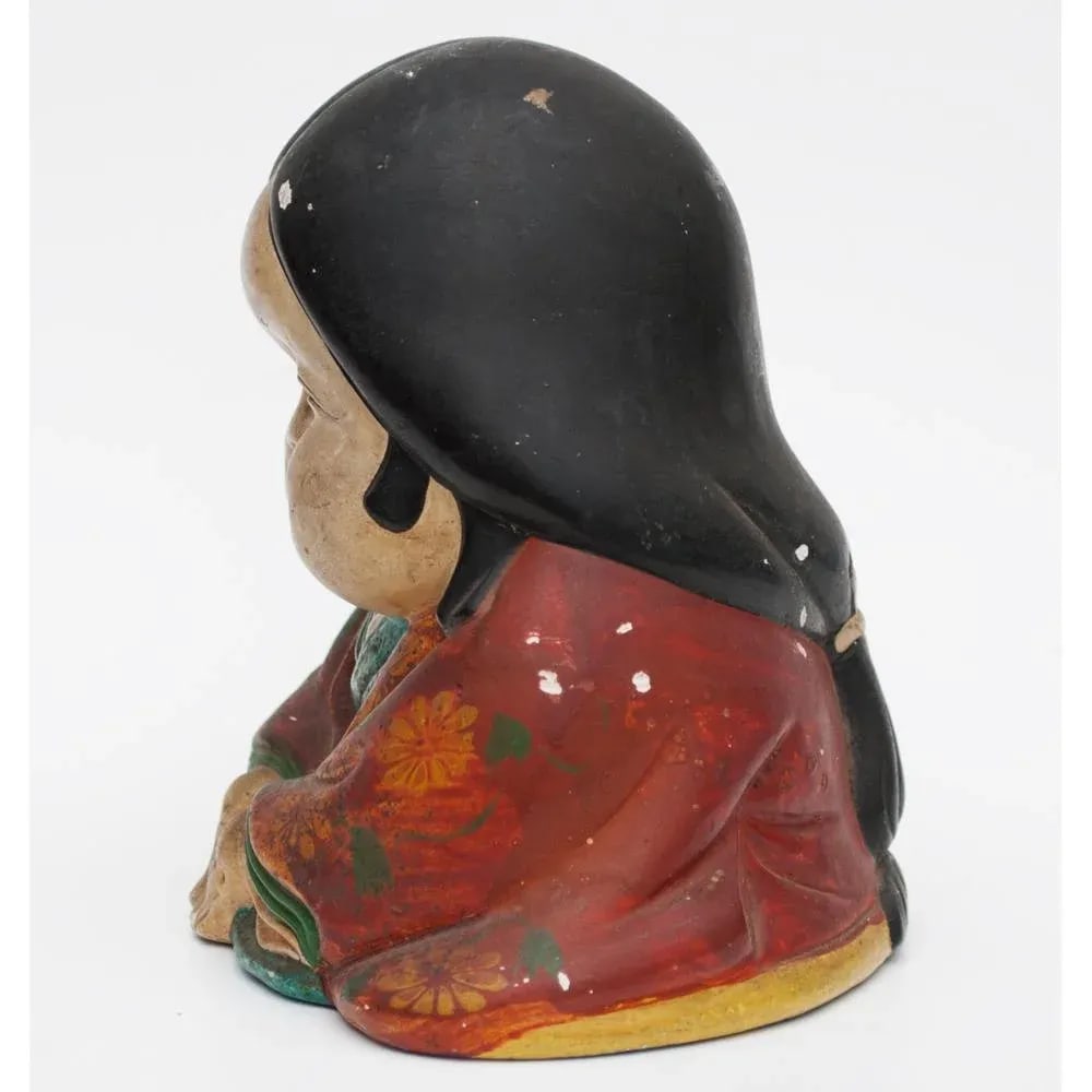 Meiji Era Otafuku Girl Figurine on Wood Stand - 10