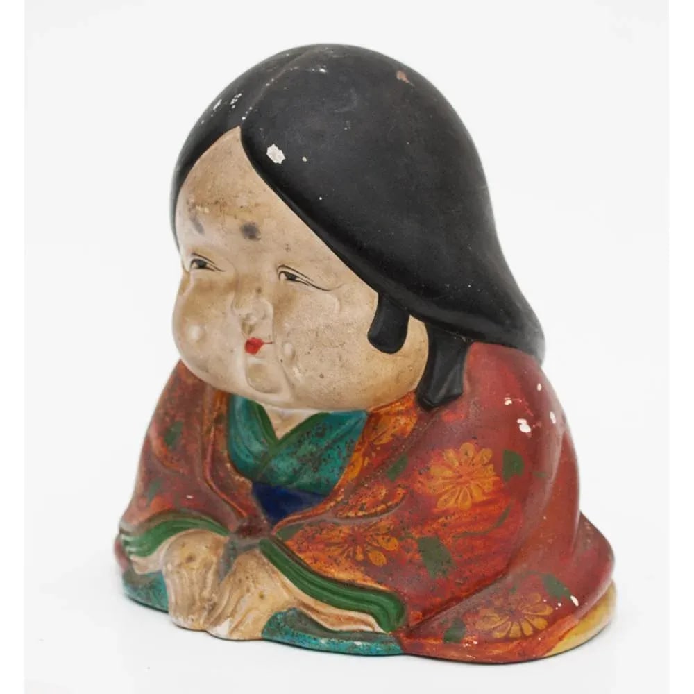 Meiji Era Otafuku Girl Figurine on Wood Stand - 11