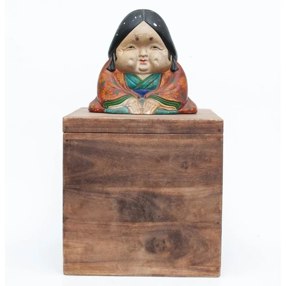 Meiji Era Otafuku Girl Figurine on Wood Stand - 13