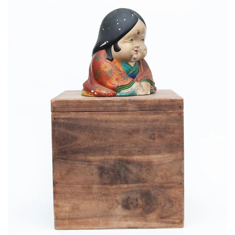 Meiji Era Otafuku Girl Figurine on Wood Stand - 2